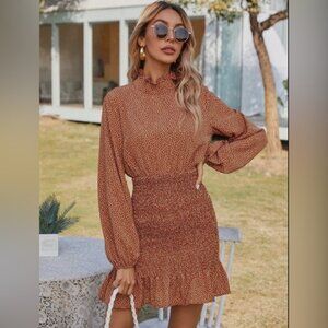 ePretty Smocked Long Sleeve Mock Neck Leopard Dress - caramel